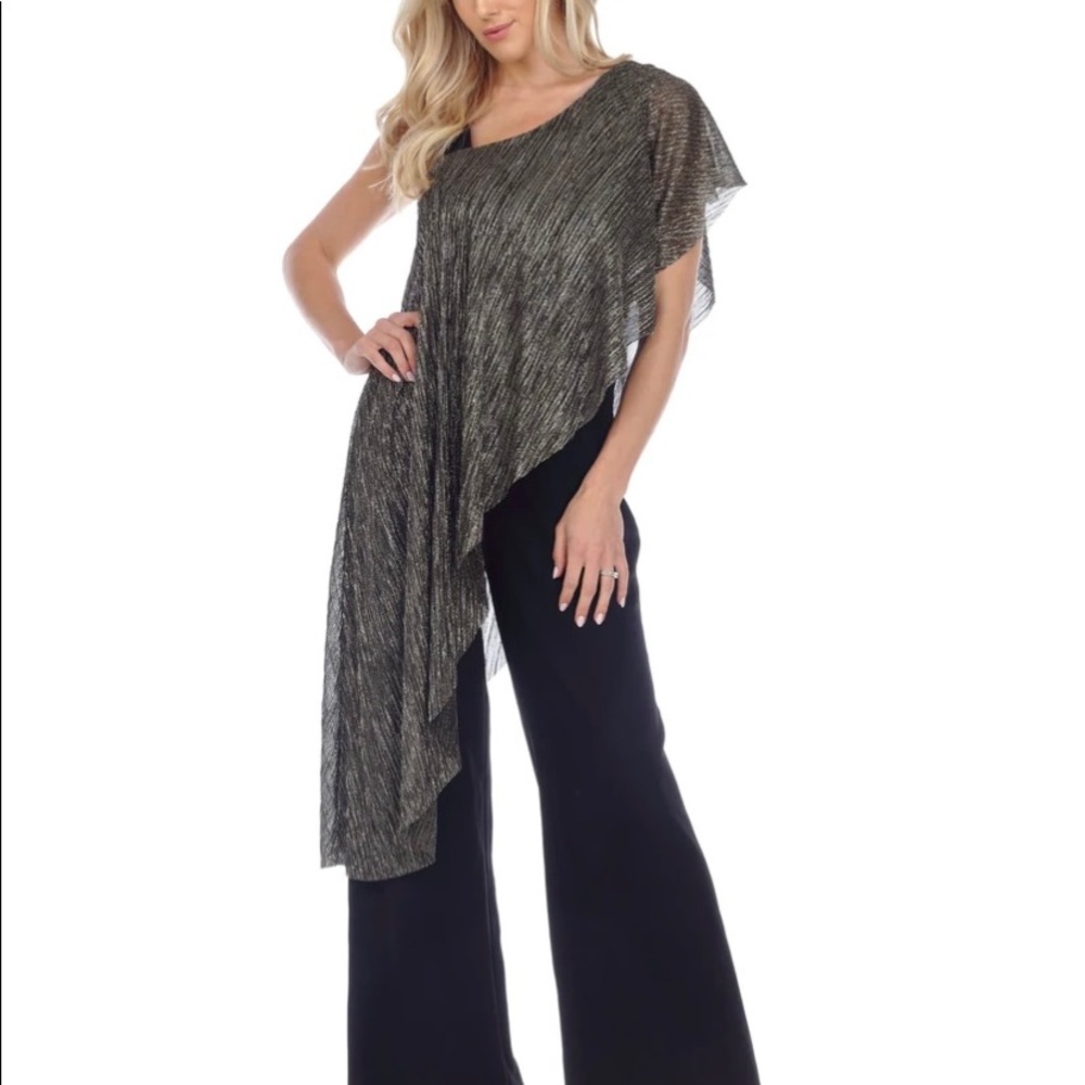 Joseph Ribkoff Black/Gold Draped Sheer Overlay Wide-Leg Jumpsuit NEW